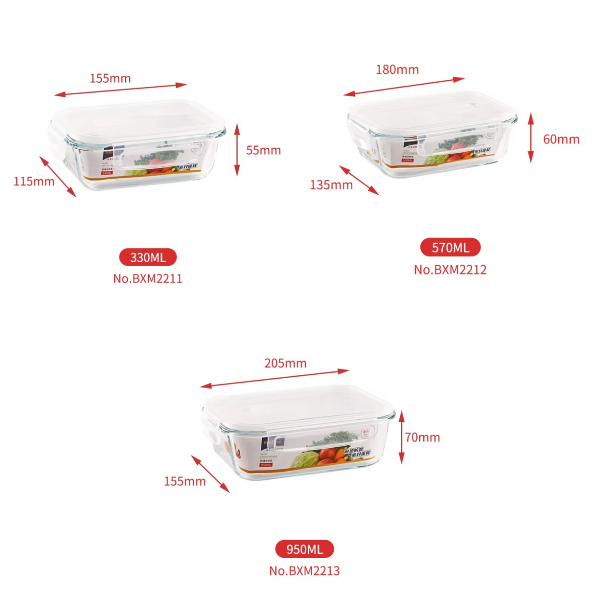 Borosilicate Glass Containers With Lid Sealed 3 pieces Rectangle (330ml,570ml,950ml)